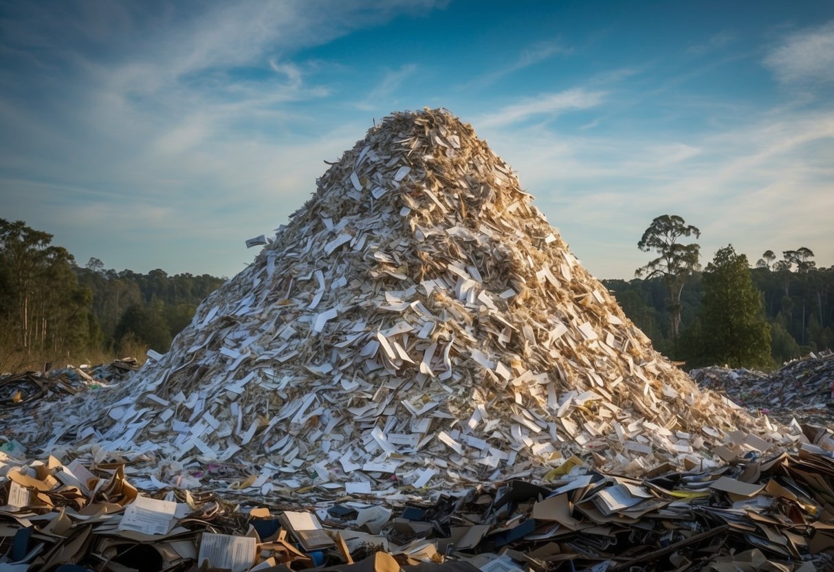 A mountain of shredded paper spilling out of overflowing landfill, surrounded by scattered trees and wildlife