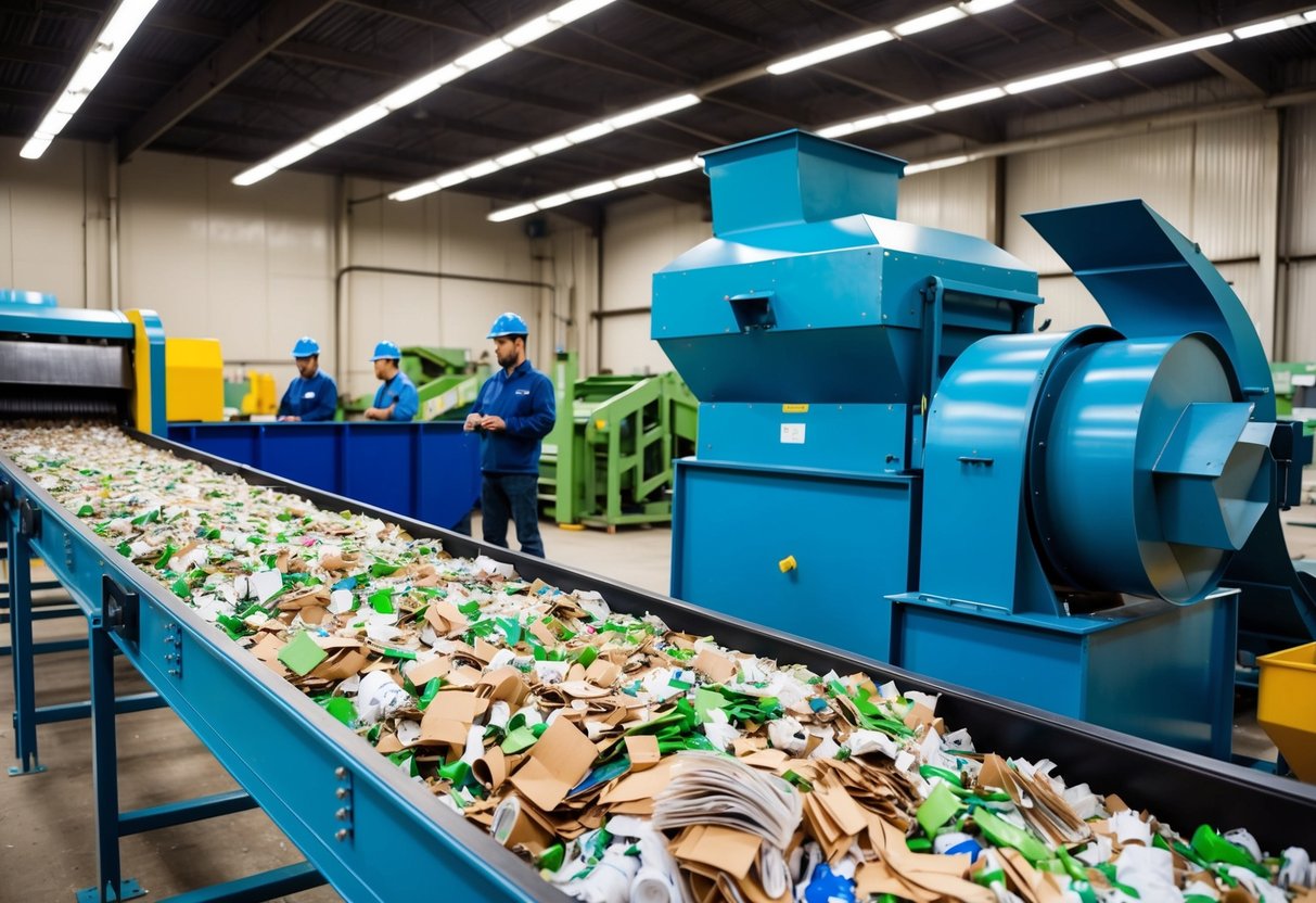 A recycling facility with a conveyor belt sorting paper waste, a large shredder in operation, and workers monitoring the process