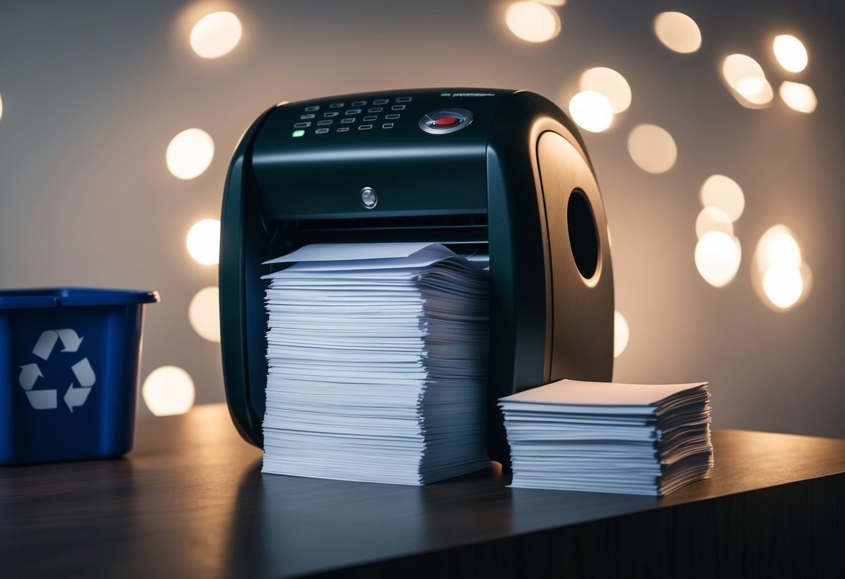 A shredder processing a stack of paper, with a recycling bin nearby