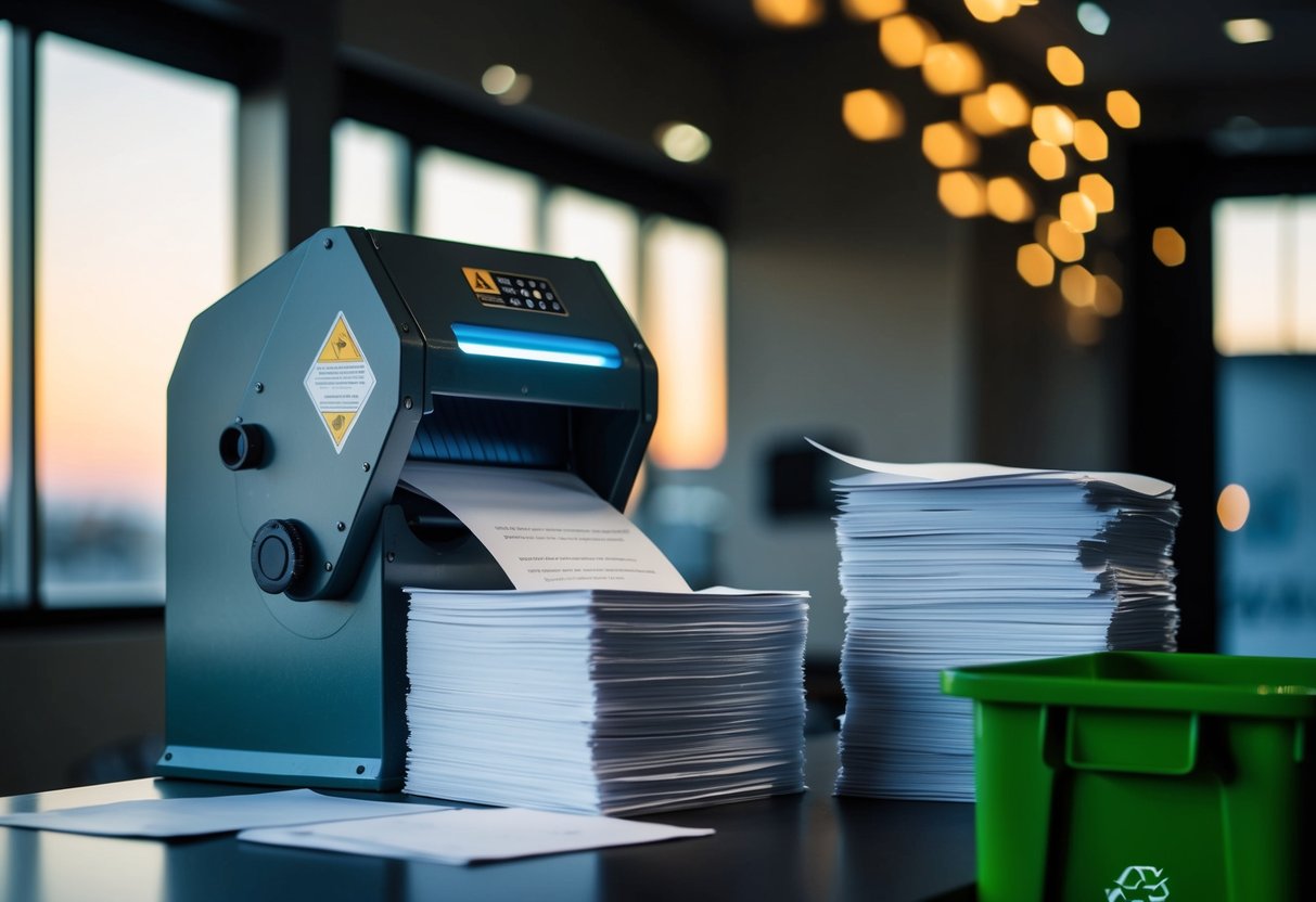 A modern industrial shredder processing stacks of paper, with a recycling bin nearby