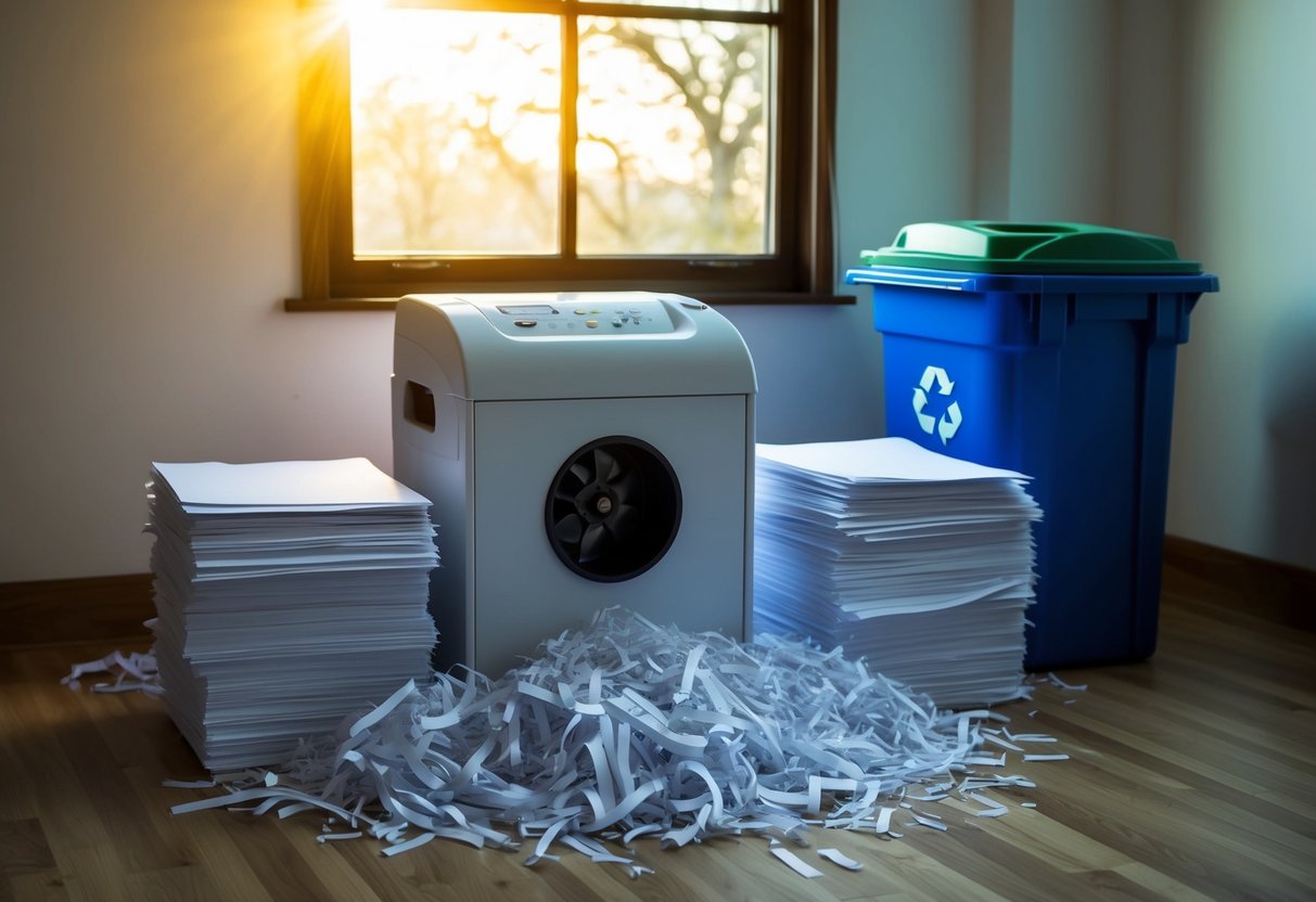 A paper shredder surrounded by stacks of paper, with a recycling bin nearby. Sunlight filters through a window, highlighting the shredded paper