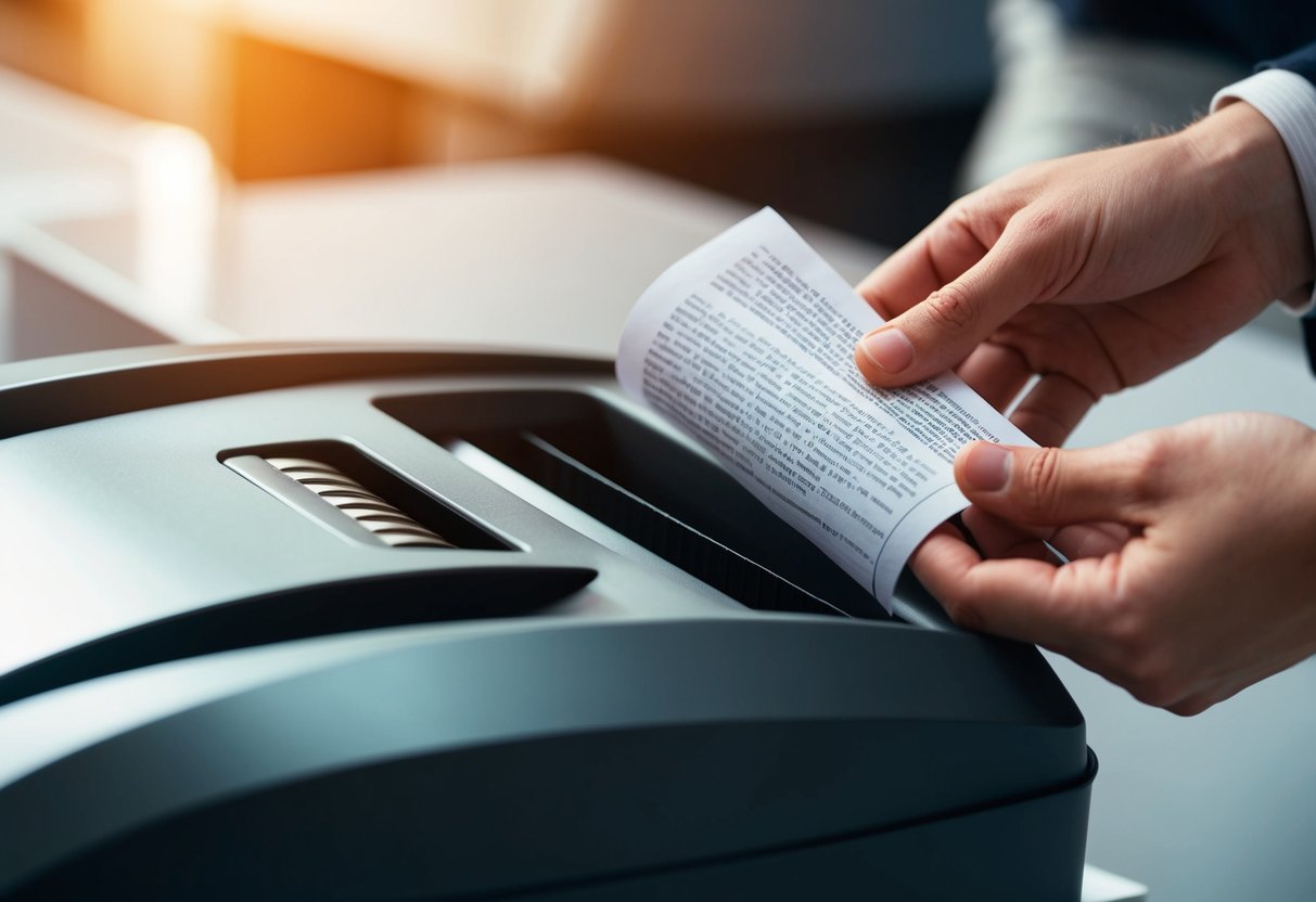 A paper shredder in action, reducing documents to strips