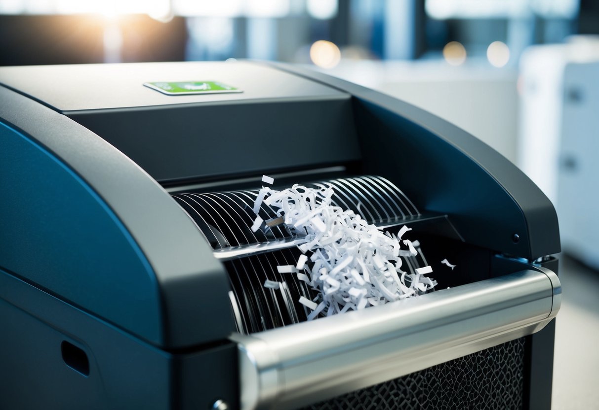 A modern, eco-friendly shredding machine hums as it efficiently turns paper documents into small, uniform pieces. A sleek design and advanced technology showcase the innovation in document security and data protection