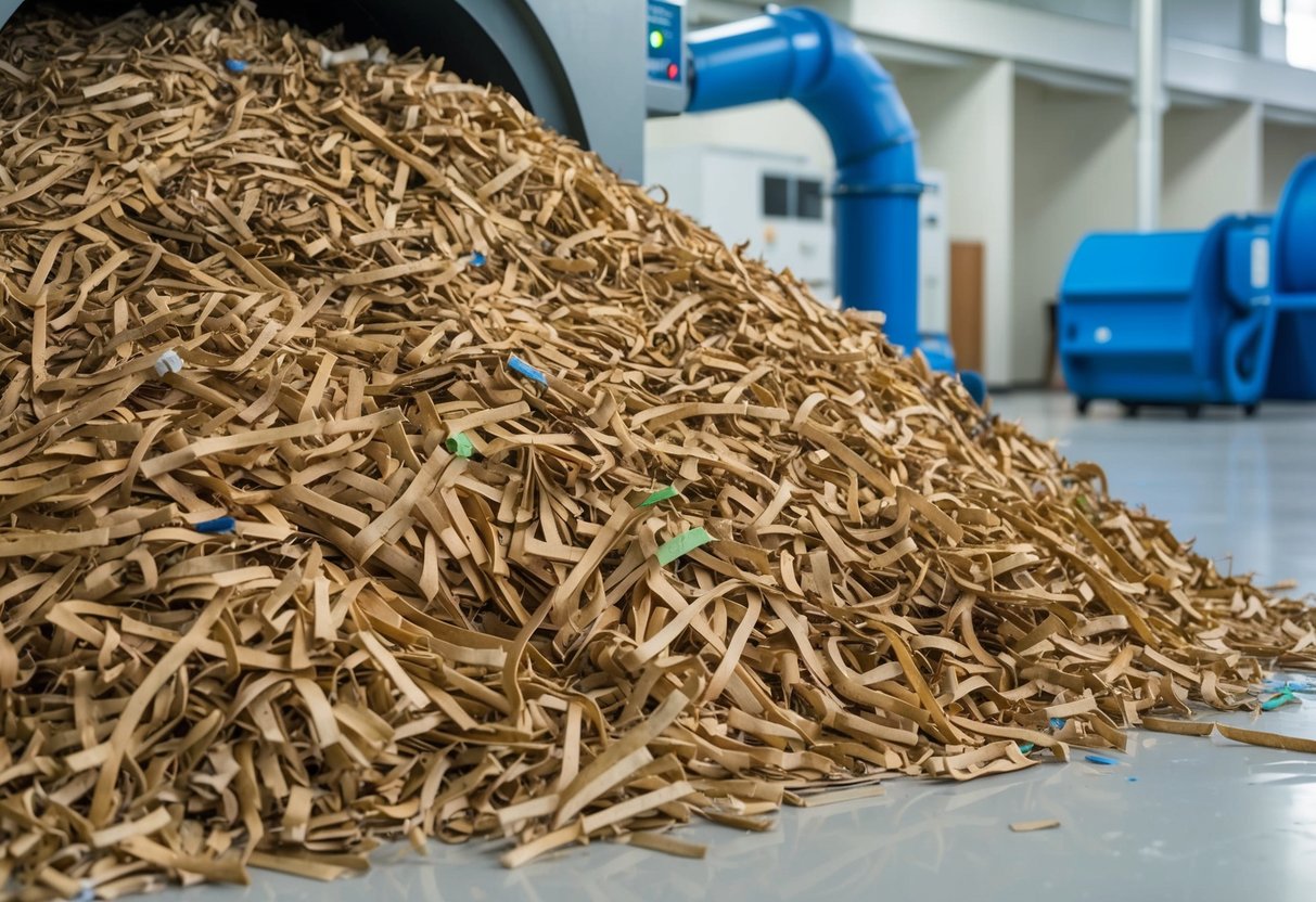 A pile of shredded paper being collected and recycled by a machine in a clean and organized recycling facility