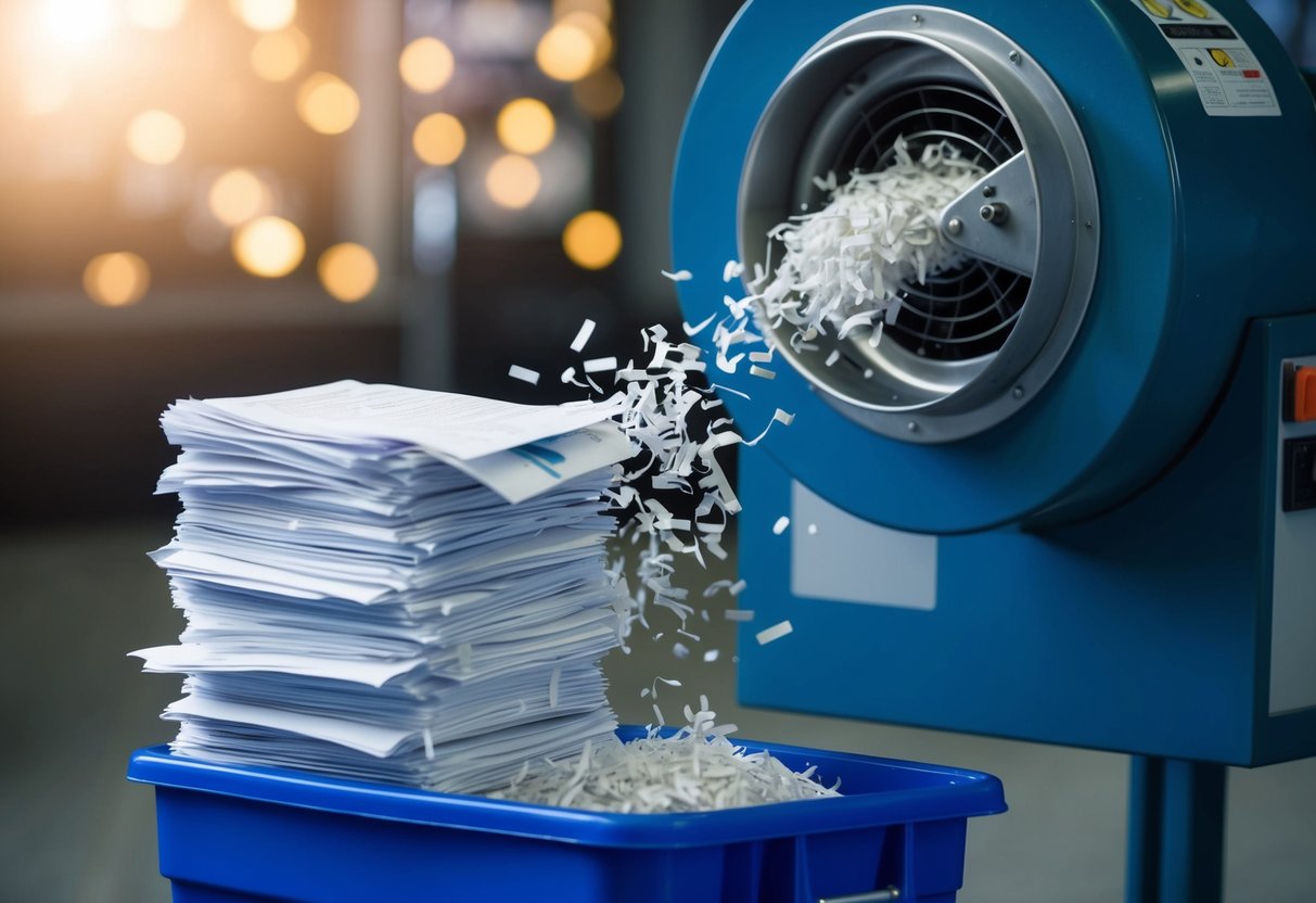 A stack of documents being shredded by a large industrial shredder, with a recycling bin nearby for collecting the shredded paper