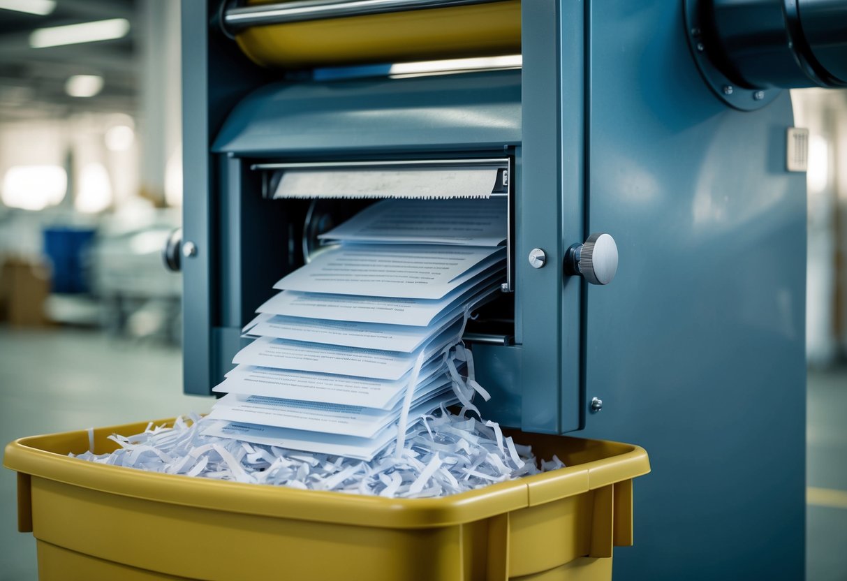 A stack of papers being fed into a large industrial paper shredder, with shredded paper collecting in a bin below