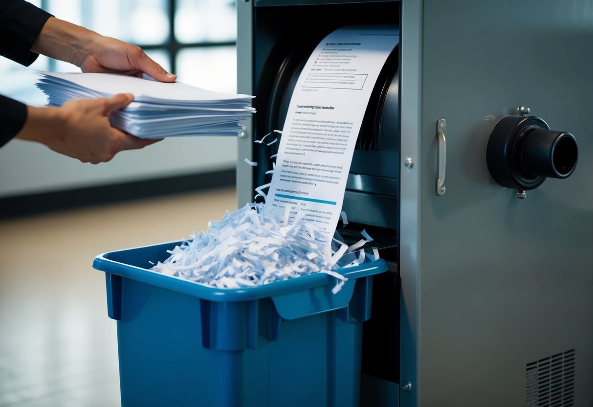 A stack of paper documents being fed into a large industrial shredder, with shredded paper spilling out into a collection bin