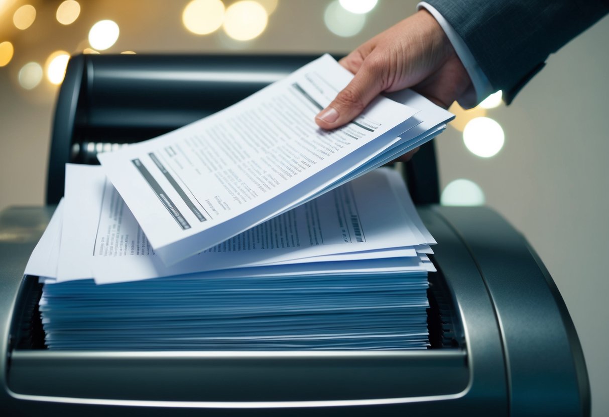 A stack of paper documents being fed into a shredder, with a focus on the machine's blades cutting through the paper