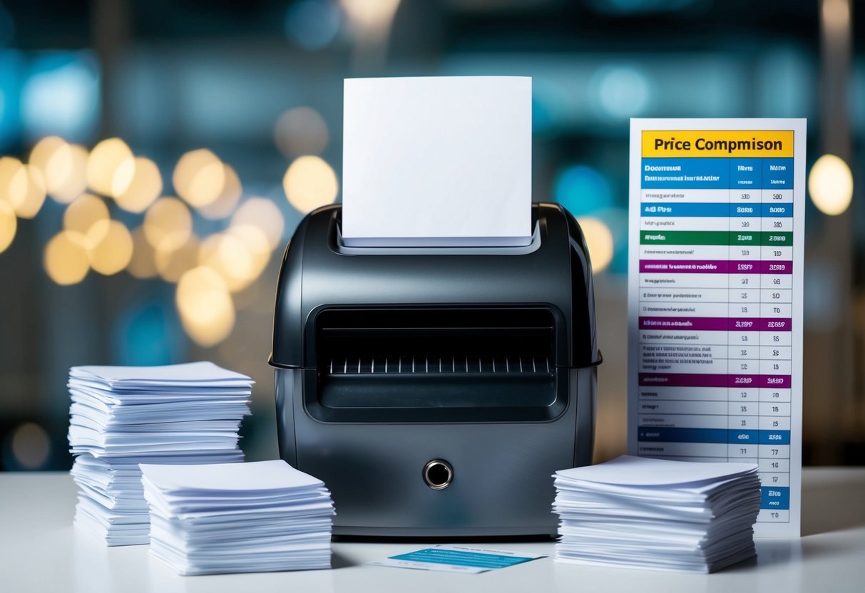 A secure document shredder surrounded by stacks of paper and a price comparison chart