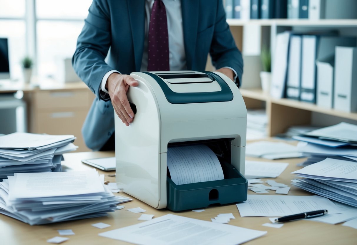 A cluttered office with overflowing paper shredder, scattered documents, and frustrated employee