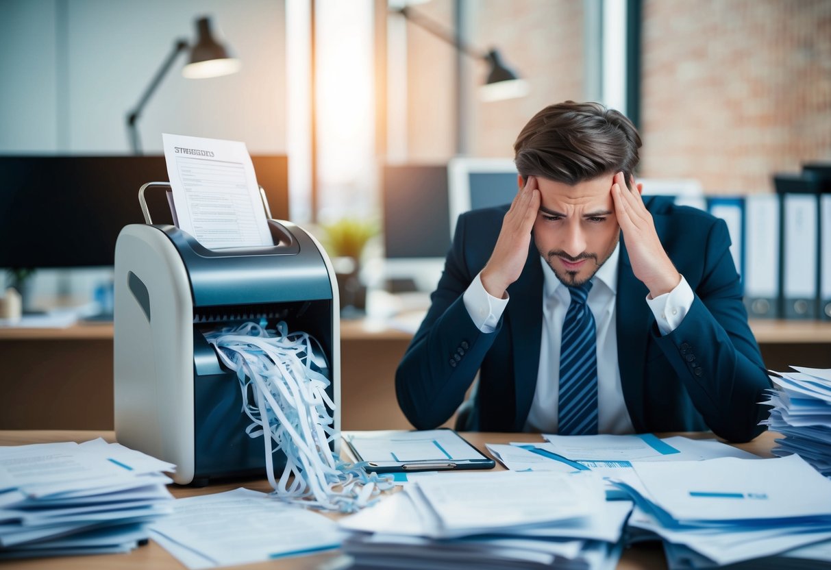 An office setting with a shredder overflowing with documents, a cluttered desk, and a frustrated employee surrounded by piles of paperwork