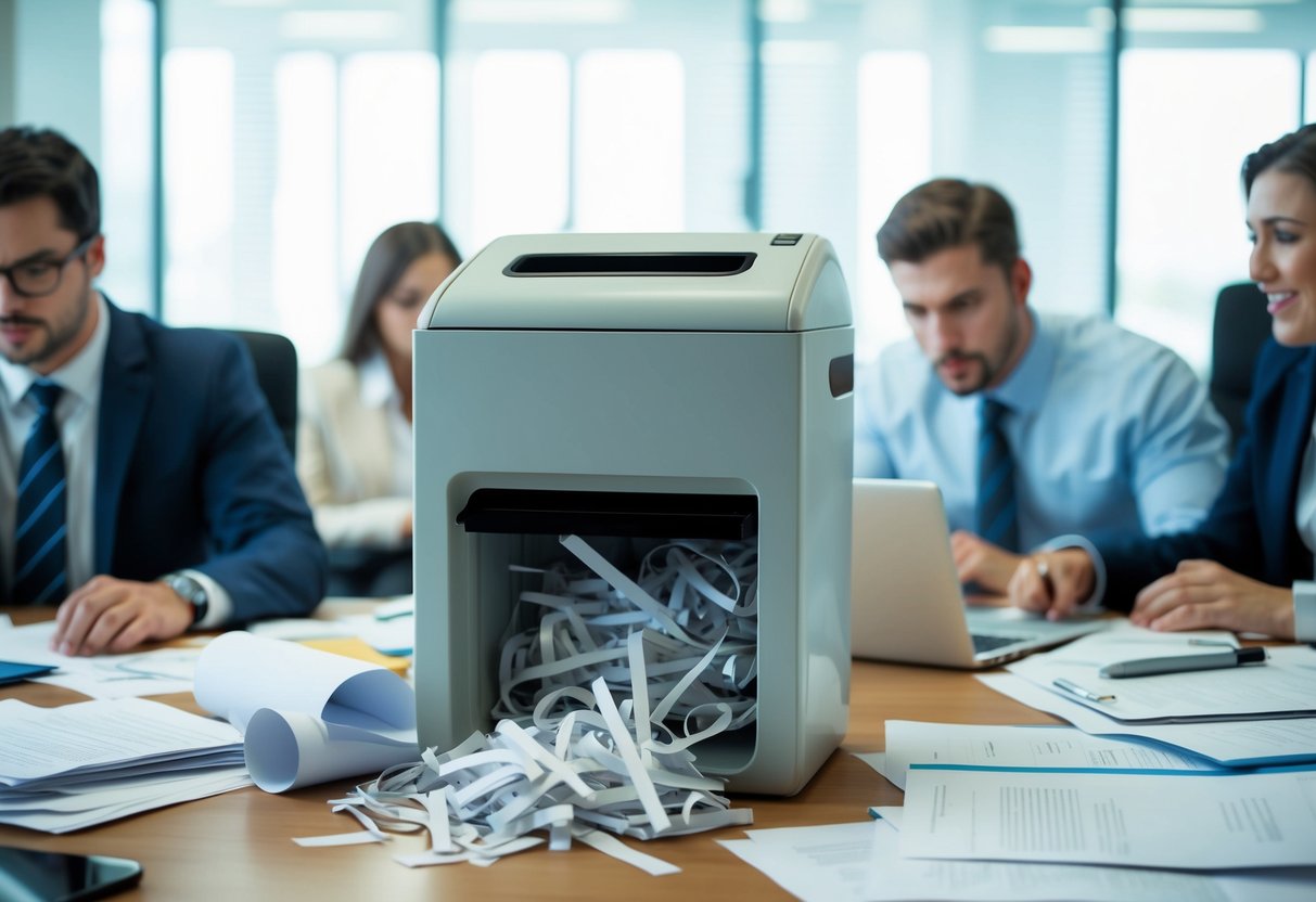 A cluttered office with overflowing paper shredder, scattered documents, and frustrated employees