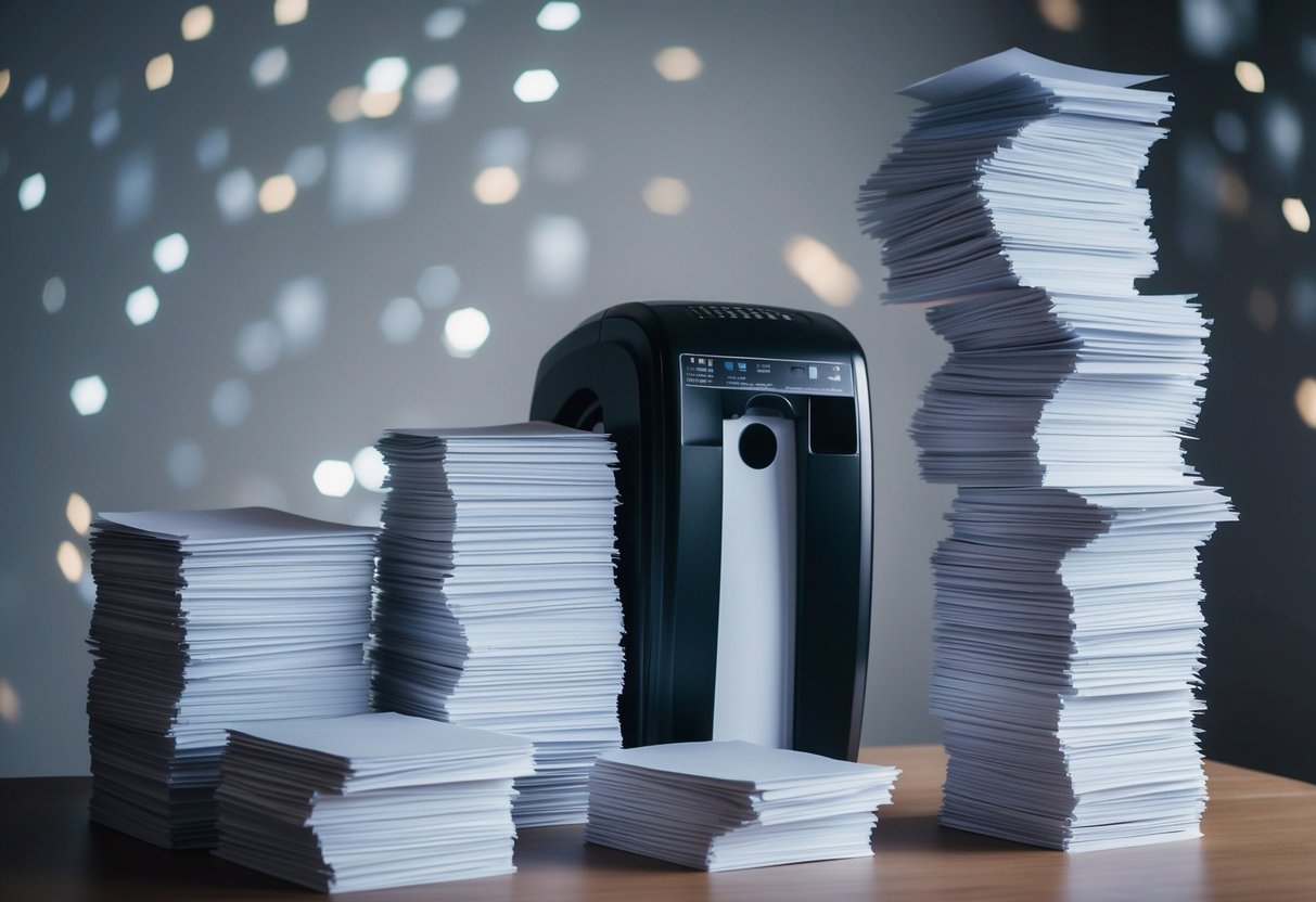 A pile of paper stacks of varying heights, with a shredder next to them. The taller stacks have a higher volume, indicating the cost of paper shredding