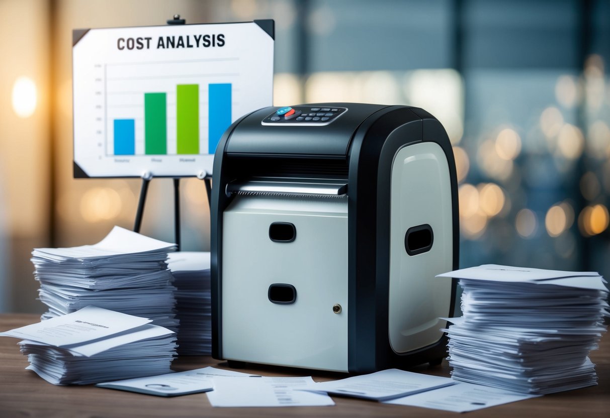 A large shredder surrounded by stacks of paper, with a cost analysis chart in the background