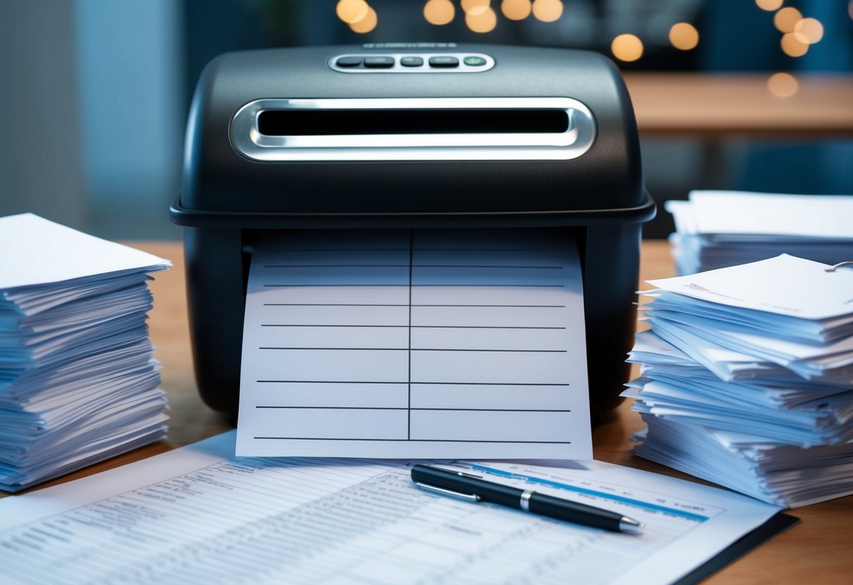 A secure document shredder surrounded by stacks of paper and a budgeting spreadsheet