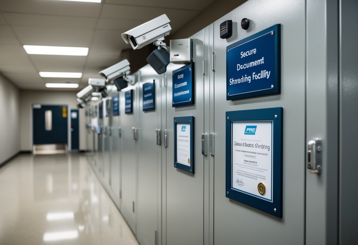 A secure document shredding facility with surveillance cameras, access control systems, and certification plaques displayed prominently