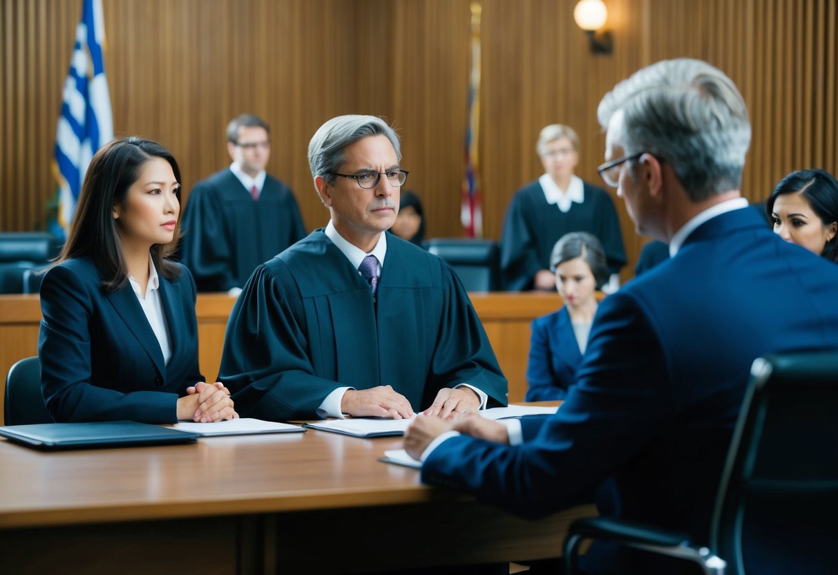 A courtroom scene with a judge, lawyers, and defendant, depicting the process of understanding criminal offenses and charges