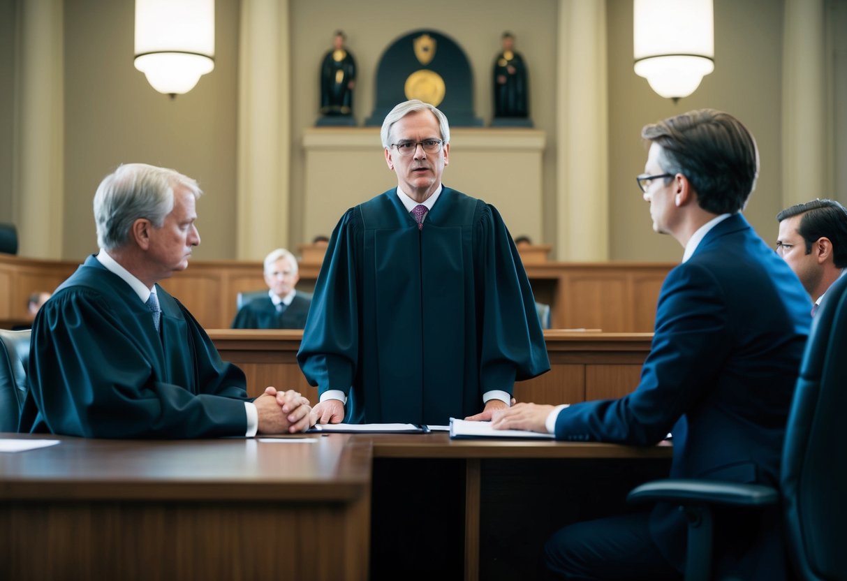 A courtroom scene with a judge presiding over a trial, a defendant, and a lawyer representing them. The atmosphere is tense, with the weight of legal repercussions evident