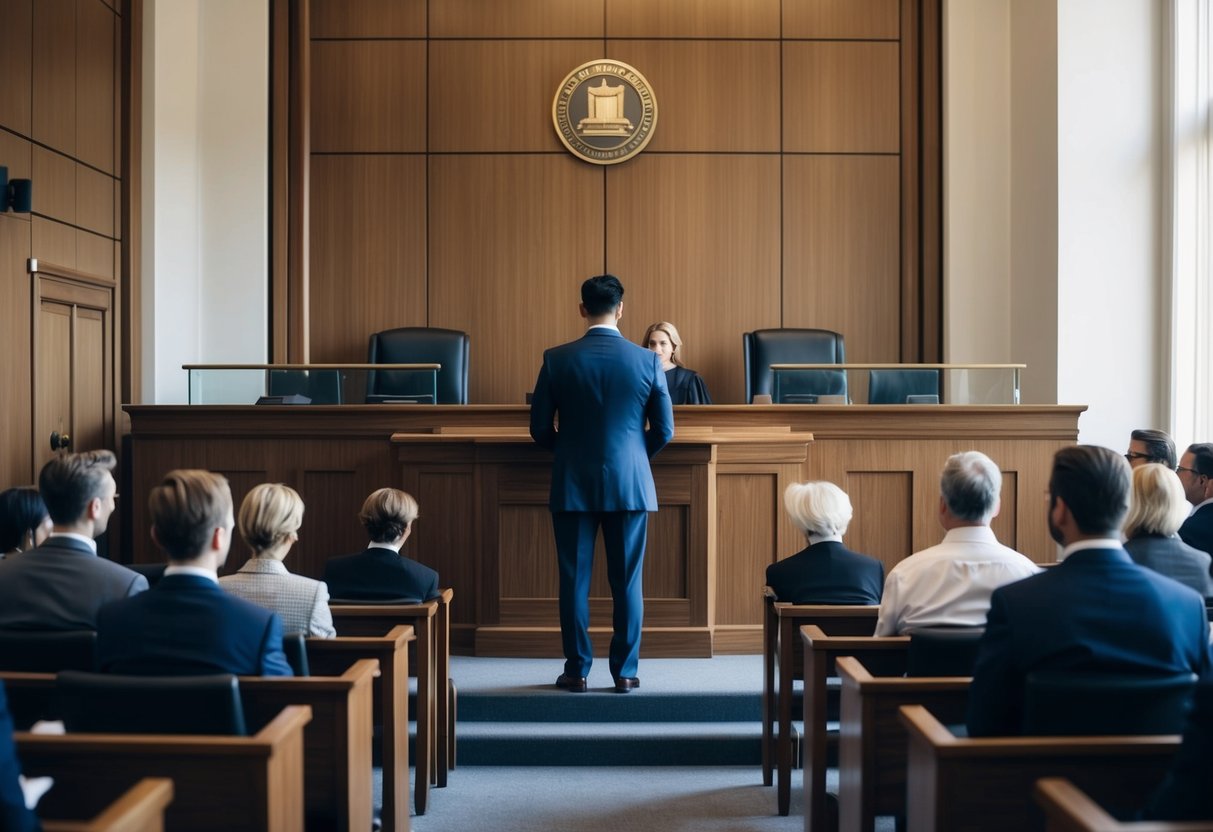 A courtroom with a judge's bench, witness stand, and gallery. A person in a suit stands at the podium, while others watch from the benches