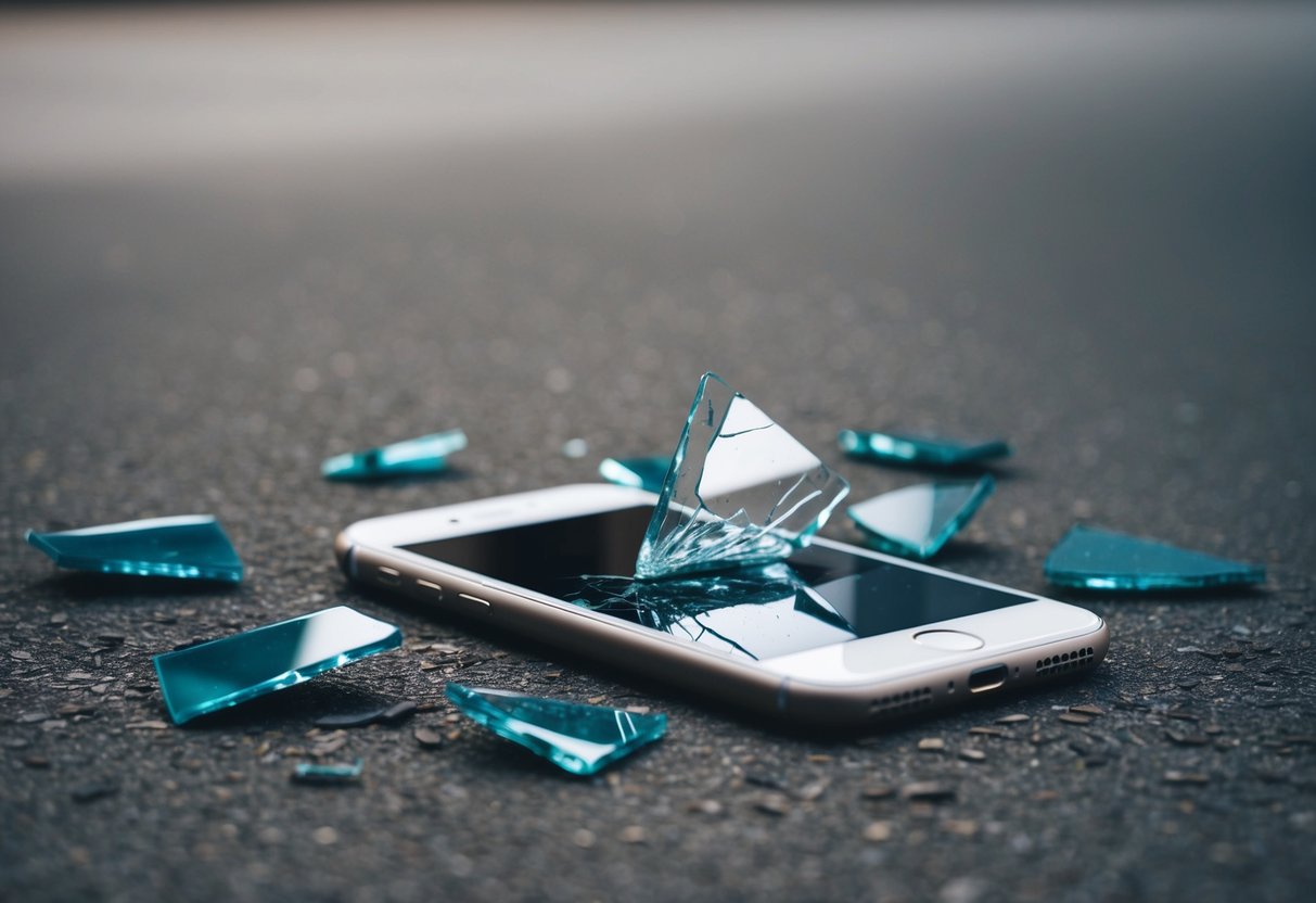 A shattered phone lying on the ground, surrounded by broken pieces, symbolizing the impact of criminal charges on personal and professional relationships