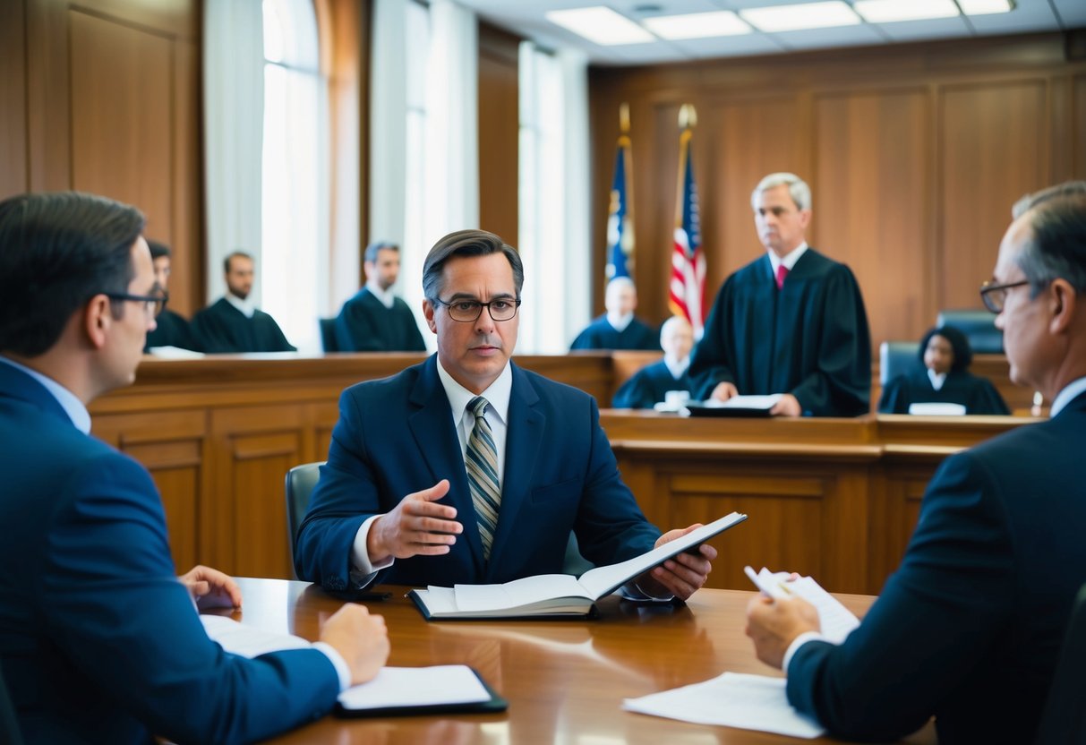 A courtroom with a defense attorney presenting evidence and arguments to a judge and jury, while the prosecutor presents their case