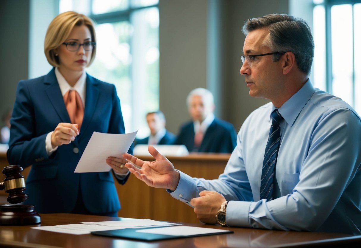 A courtroom scene with a defense attorney presenting evidence to counter criminal charges