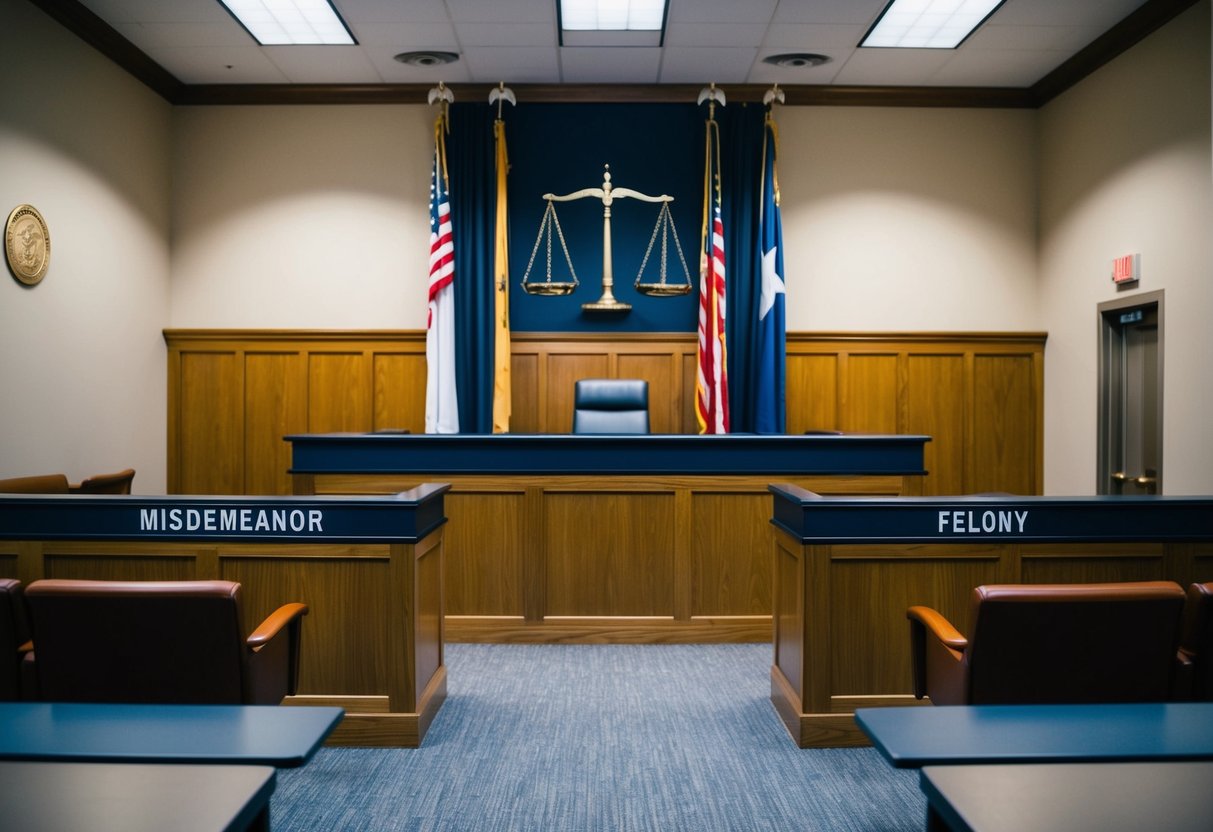 A courtroom with a judge's bench, witness stand, and gallery. One side labeled "Misdemeanor" and the other "Felony." Scales of justice symbol in the background