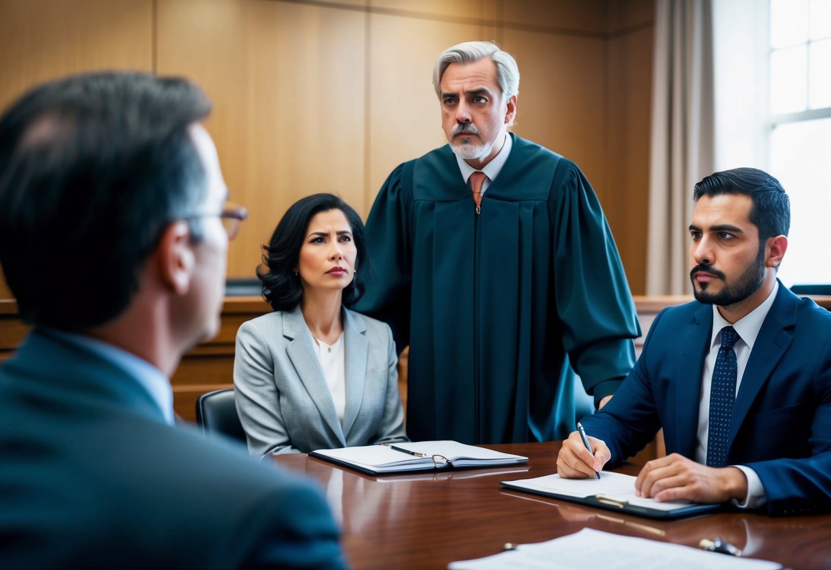 A courtroom scene with a judge and two individuals, one with a misdemeanor charge and the other with a felony charge. The atmosphere is tense and serious, with the judge presiding over the case