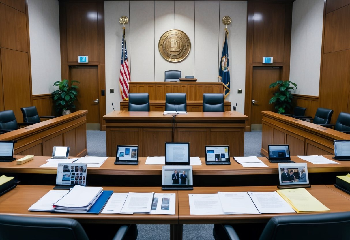 A courtroom with a judge's bench, witness stand, jury box, and lawyers' tables, with various types of evidence such as documents, photographs, and physical objects presented