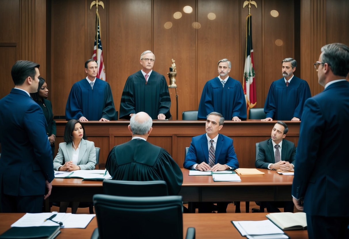 A courtroom with a judge, jury, and attorneys presenting physical and testimonial evidence for a criminal case