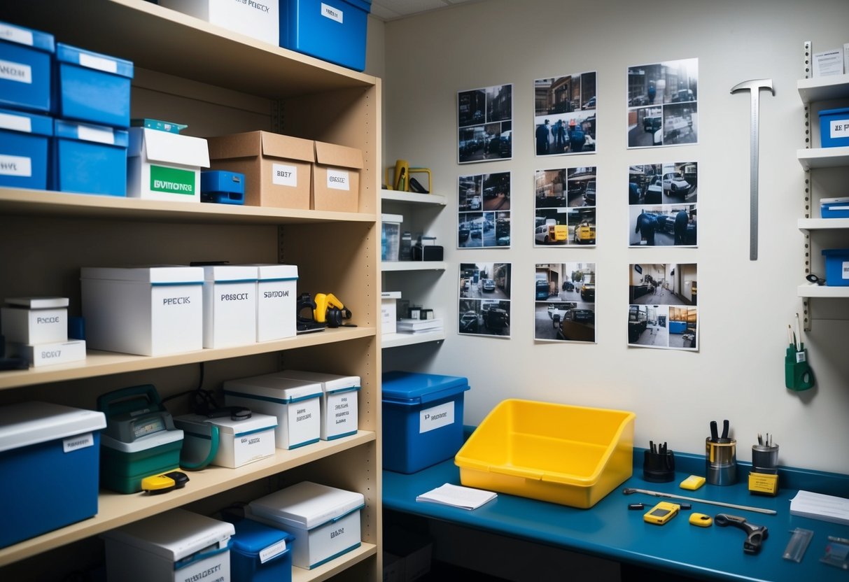 A cluttered evidence room with shelves of labeled boxes, forensic tools, and crime scene photos pinned to the wall