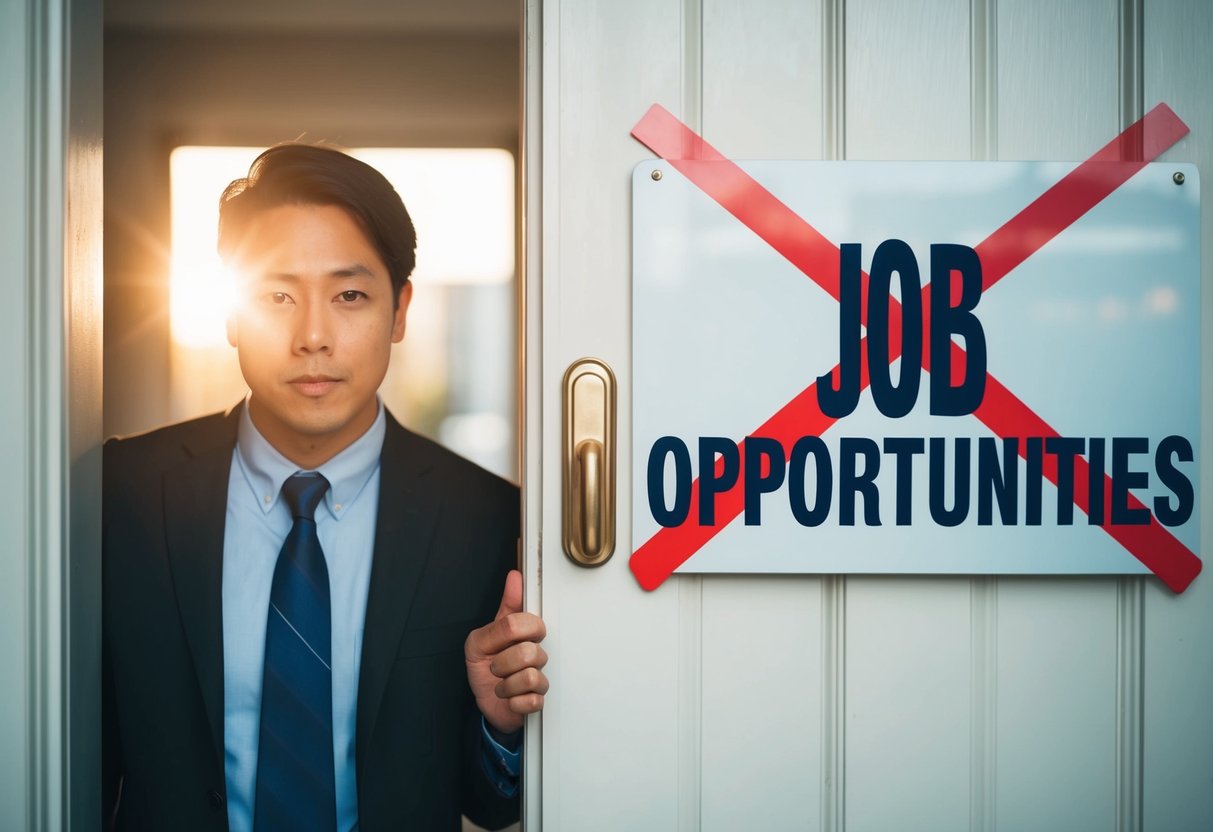 A person with a criminal record standing outside a closed door labeled "Job Opportunities" with a large red "X" over it