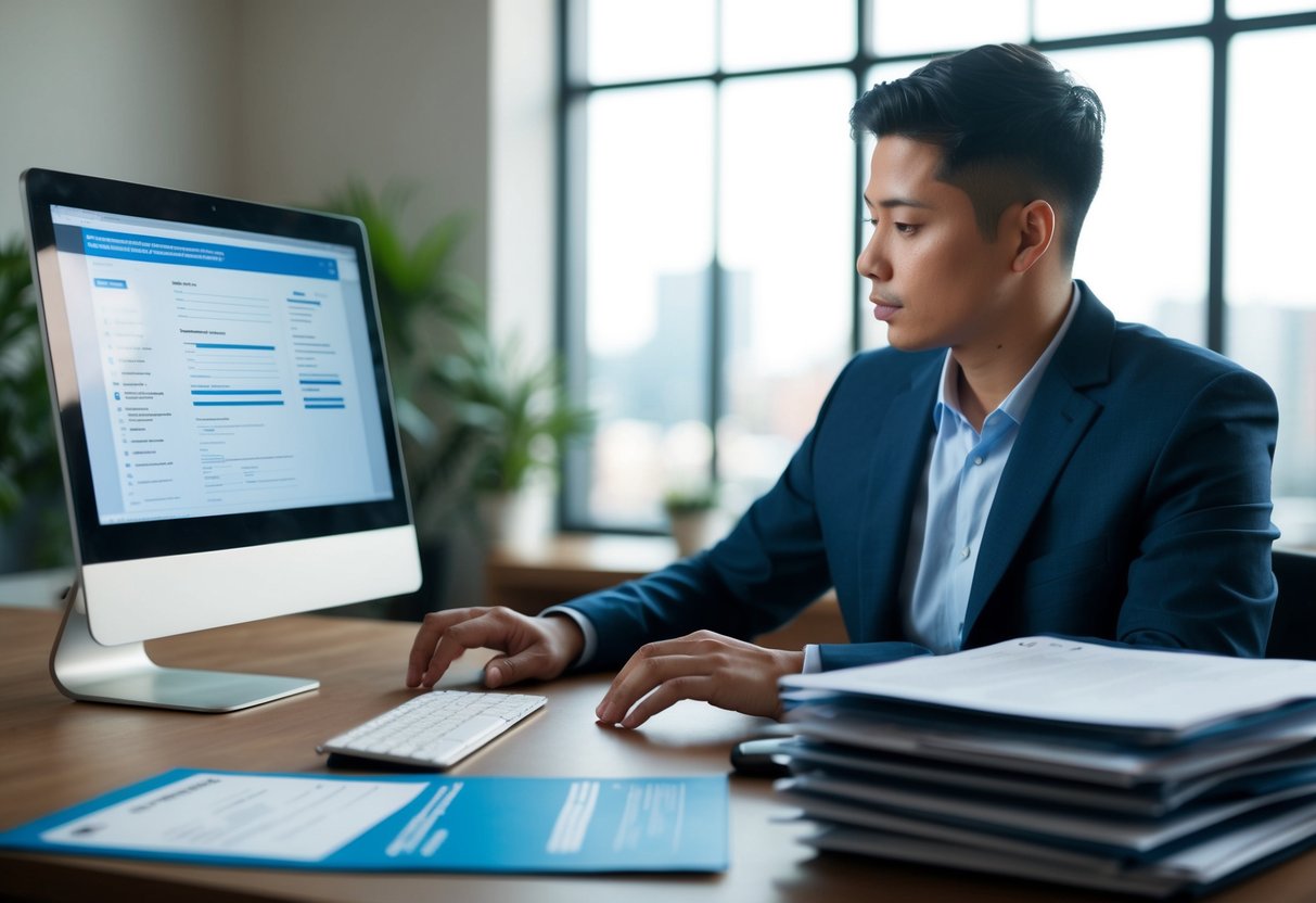 A person with a criminal history looking at a computer screen with job application forms and a stack of resumes on a desk