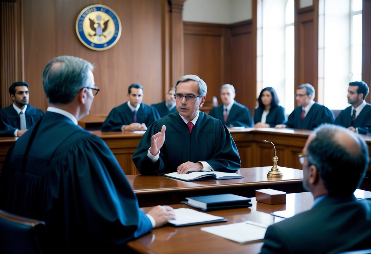 A courtroom with a judge presiding over the proceedings, lawyers presenting arguments, and a defendant facing criminal charges