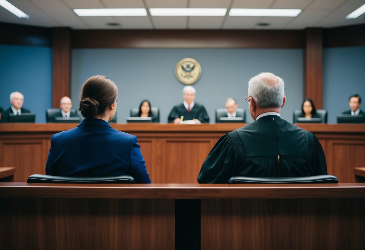 A courtroom with a defense attorney and a defendant facing the judge and jury