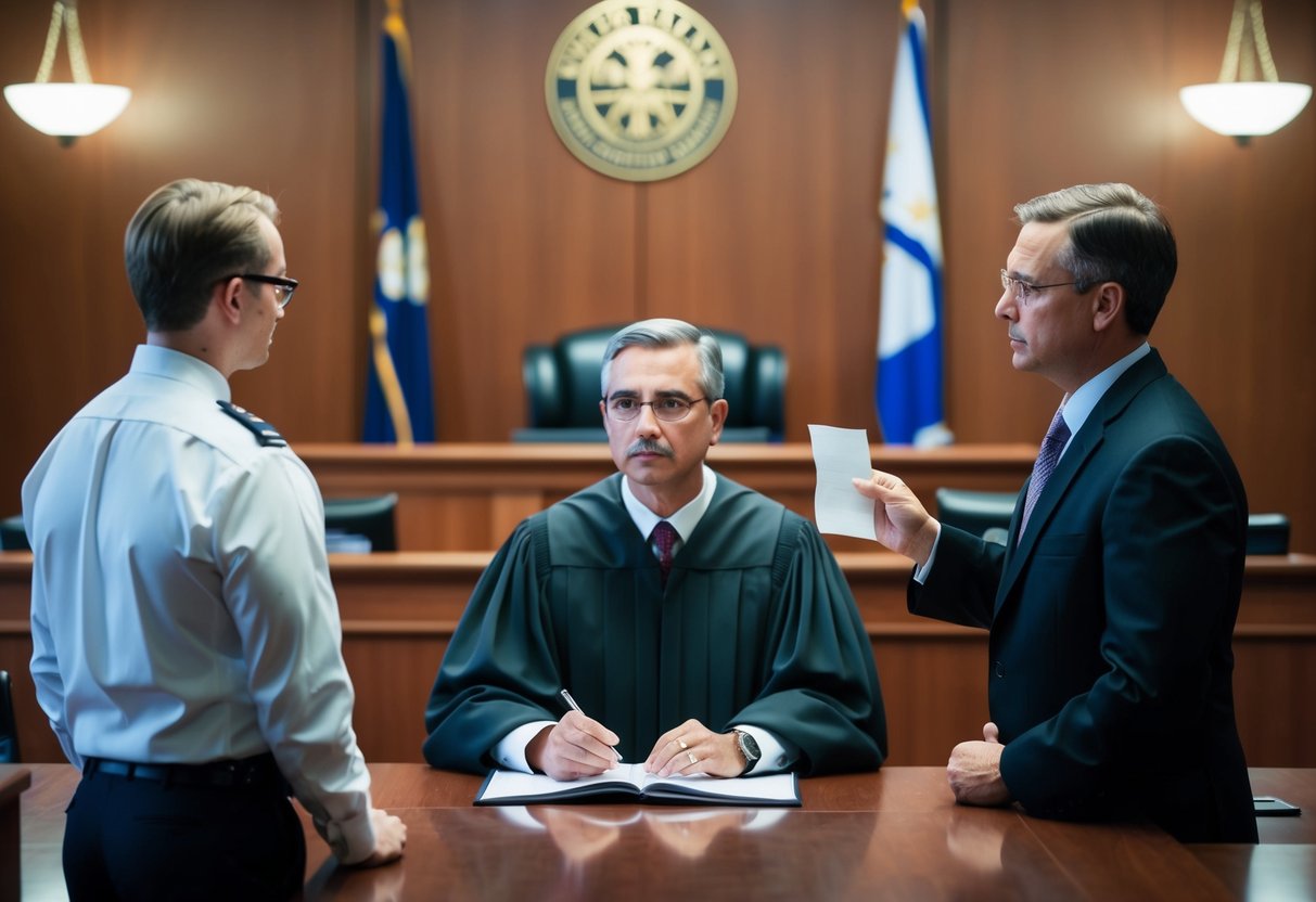 A courtroom with a judge presiding, a defense attorney representing a client, and a prosecutor presenting evidence