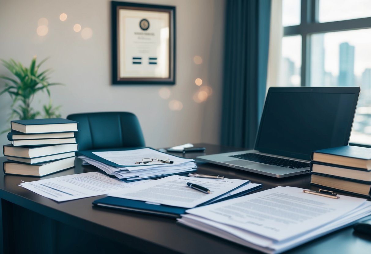 A criminal lawyer's desk cluttered with legal documents, a laptop, and a pen. A stack of law books sits nearby, and a framed degree hangs on the wall