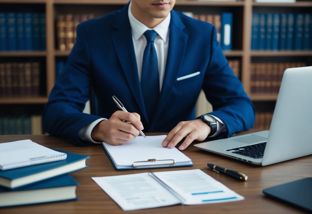 A person sitting at a desk with a notepad, pen, and laptop, surrounded by legal books and documents. The criminal lawyer is listening attentively, taking notes