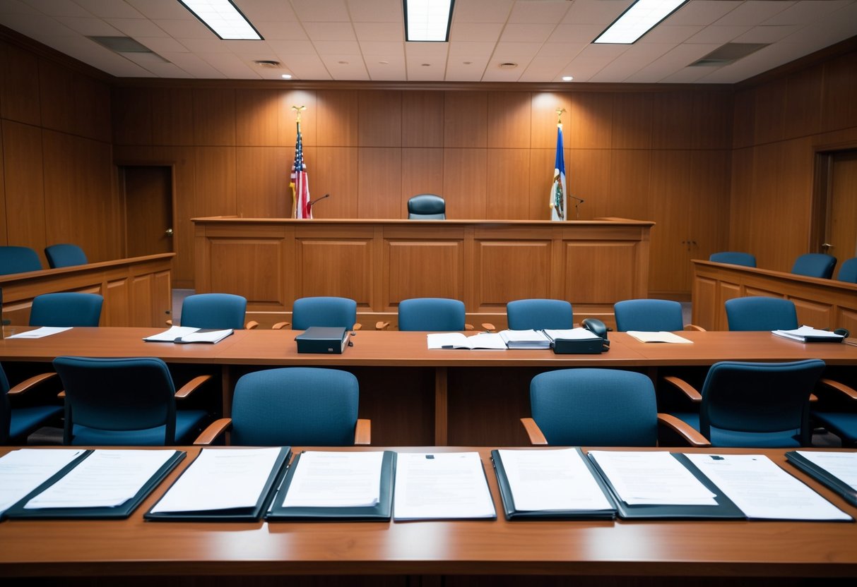 A courtroom with a judge's bench, witness stand, and seating for the defense and prosecution. Documents and evidence are organized on tables