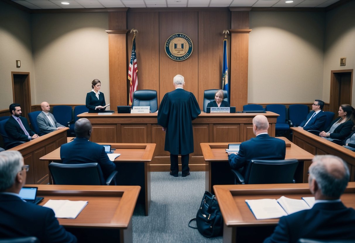 A courtroom with a judge's bench, witness stand, and seating for the jury and spectators. A defense attorney and prosecutor present their cases to the judge