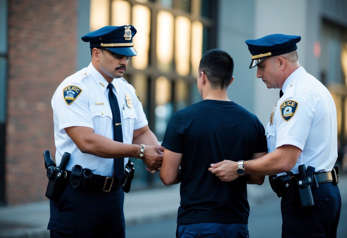 A police officer placing handcuffs on a suspect while another officer reads them their rights