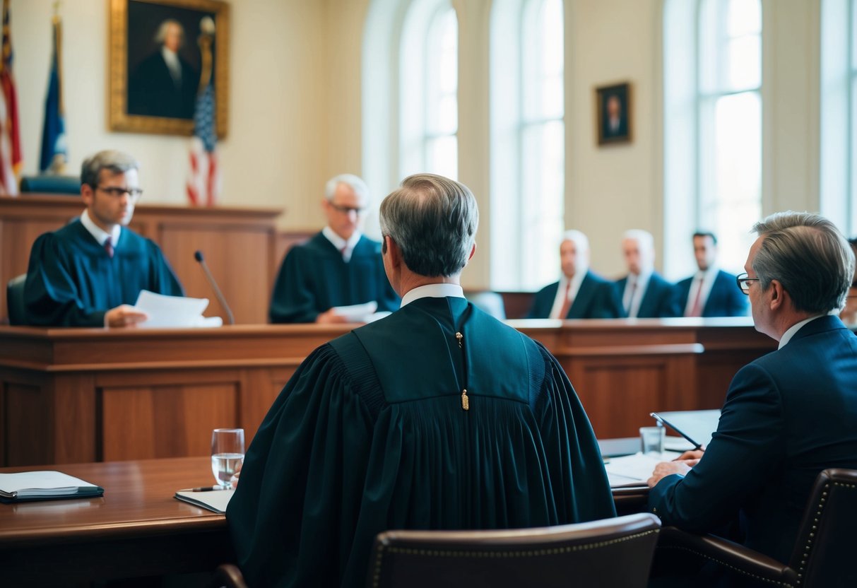 A courtroom with a judge presiding, lawyers presenting evidence, and a jury observing