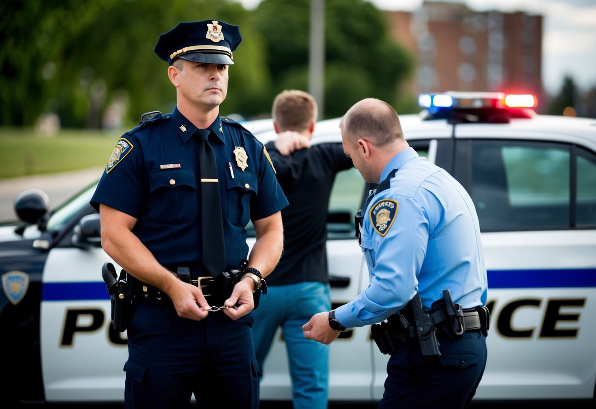 A police officer standing with handcuffs, a patrol car in the background, and a person being led into the car