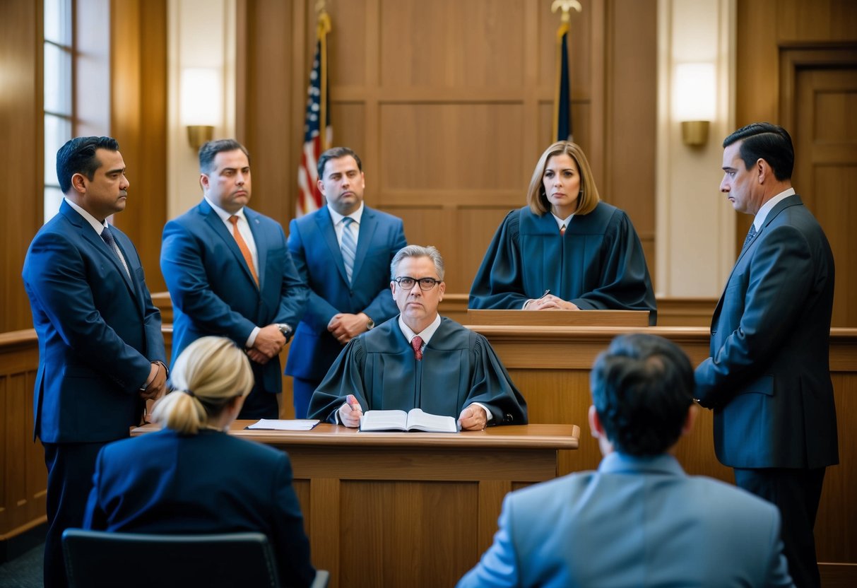 A courtroom with a judge presiding over a bail hearing, lawyers presenting arguments, and a defendant waiting anxiously