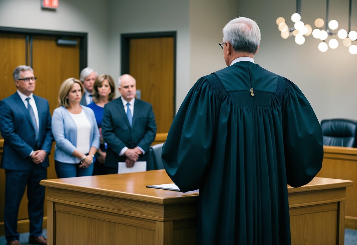 A courtroom with a judge presiding over a defendant and a group of concerned family members waiting outside