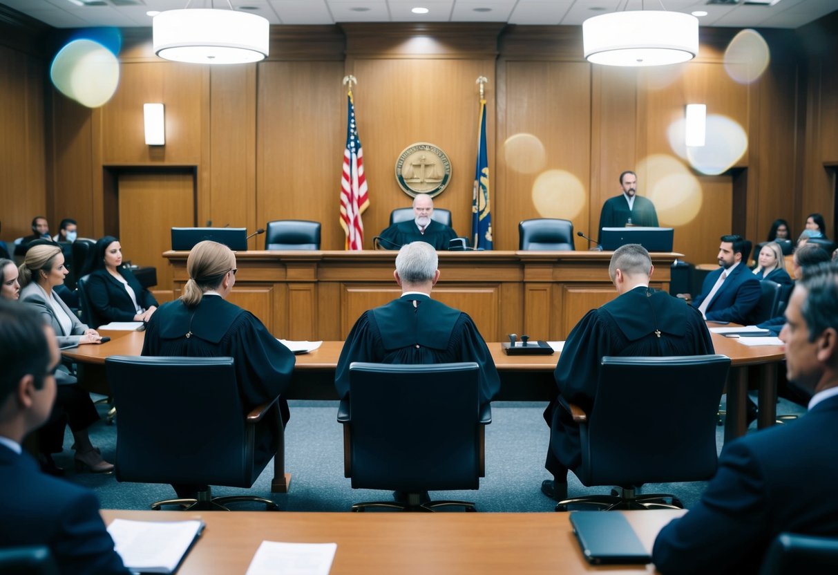 A courtroom with a judge's bench, witness stand, and seating for attorneys and defendants. Courtroom is filled with people and a sense of anticipation