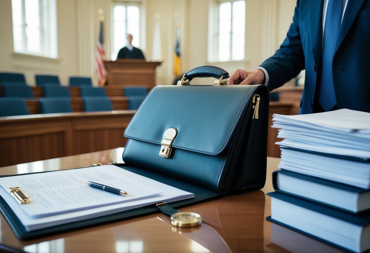 A lawyer's briefcase open on a desk with legal documents, a pen, and a stack of papers. A courtroom setting with a judge's bench, witness stand, and gallery seating