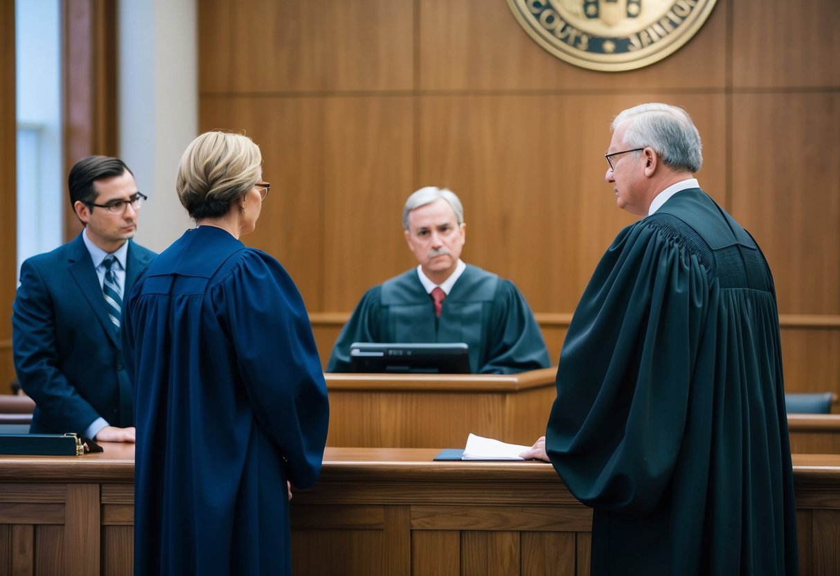 A judge stands at a bench in a courtroom, facing a defendant at a podium. The defendant's lawyer stands beside them, while a court clerk records the proceedings