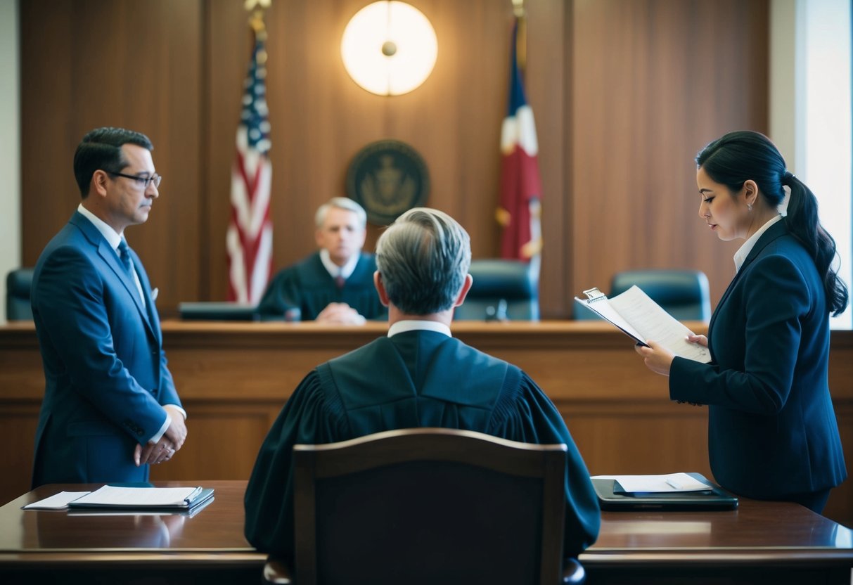 A judge facing a defendant in a courtroom, with a lawyer at the defendant's side and a court reporter recording the proceedings