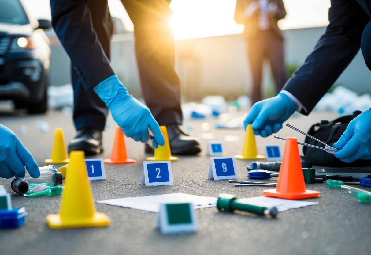 A crime scene with scattered evidence markers, forensic tools, and investigators gathering and documenting evidence